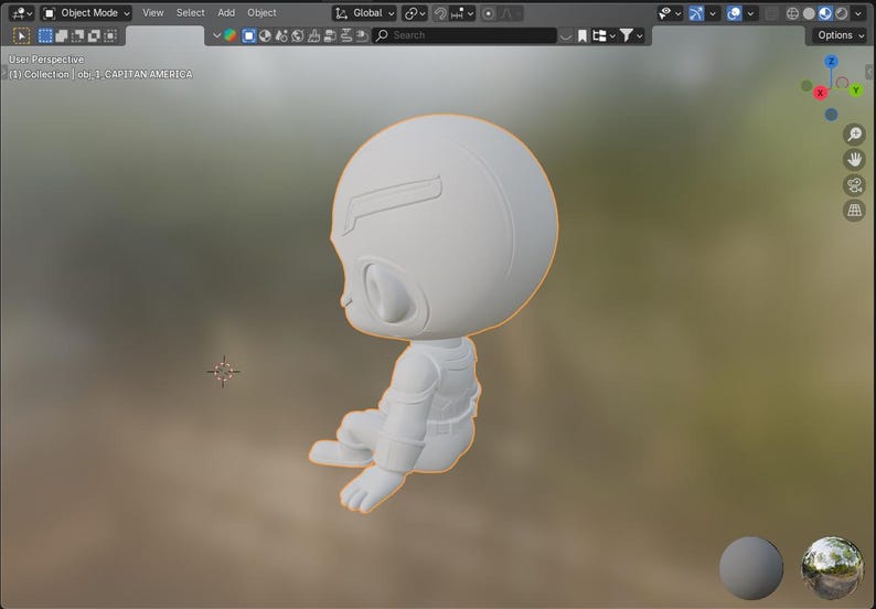 Puede incluir: Modelo 3D blanco de un personaje de dibujos animados sentado. La figura tiene una cabeza grande y redondeada con un dise&ntilde;o en forma de casco y peque&ntilde;os detalles. El personaje est&aacute; sentado con los brazos y las piernas doblados.