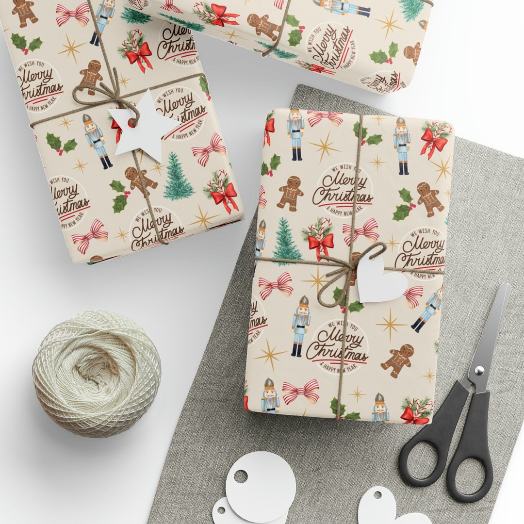 Watercolor Vintage Christmas Gift Wrap, Retro Festive Wrapping Paper