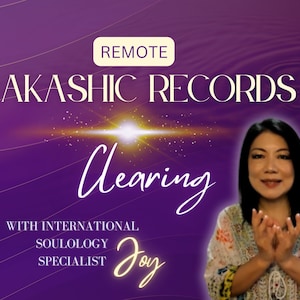 May include: A purple background with white text that reads "REMOTE AKASHIC RECORDS Clearing" and "WITH INTERNATIONAL SOULOLOGY SPECIALIST Joy". A woman with dark hair is smiling and holding her hands together in front of her.