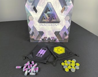 Nuclei energetici premium Anachrony, nuclei di flusso e sistema di sacchi di pesca per il gioco in solitario di Chronossus con nuclei energetici esauriti e involucri di flusso vuoti