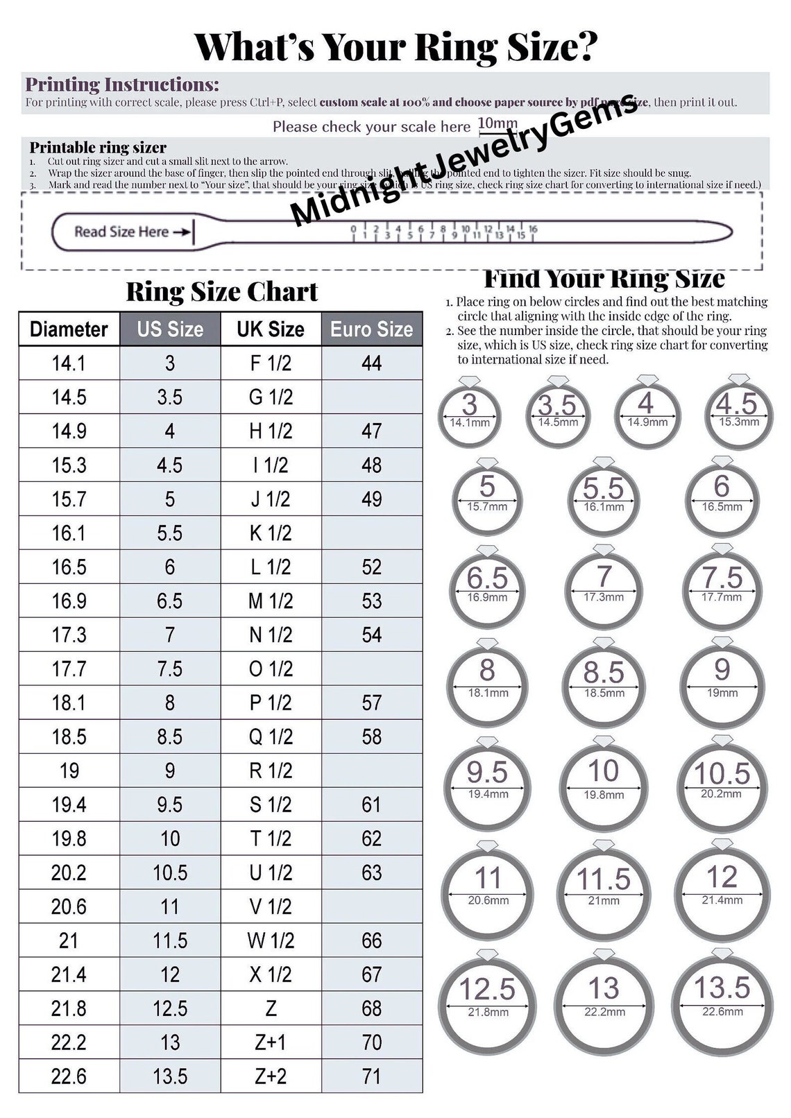 Diamond ring size chart guide printable universal etsy canada