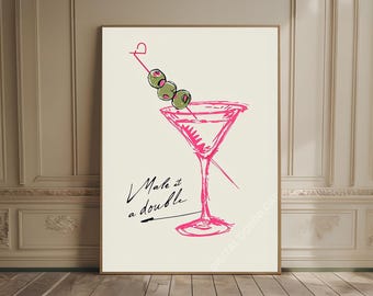 Extra Dirty Martini Cocktail Print Retro Pink Bar Wall Art Poster Chic Martini Glass Poster Double Martini Vintage Bar Print Bar Cart Art
