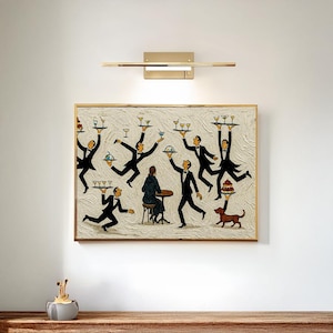 May include: A rectangular wall painting featuring multiple figures in black tuxedos balancing trays with glasses and food, surrounding a seated figure at a small table, with a small brown dog, all set against a textured cream-colored background.