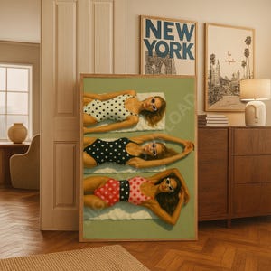 Polka Dot Bikini Print Vintage Beach Poster Girly Wall Art Retro Summer Print Tan Lines Decor Ocean Poster Minimalist Coastal Oil Painting