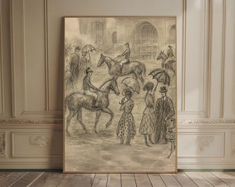 Muted Race Day Vintage PRINTABLE Wall Art Modern Equestrian Cottagecore Decor Horse Wall Art Neutral Sketch Artwork Black and White