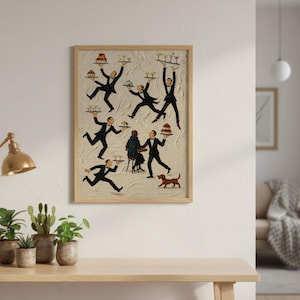May include: A framed wall art print featuring a textured cream background with multiple illustrations of waiters in black tuxedos carrying trays of food and drinks, a seated figure at a small table, and a small brown dog walking on the floor.