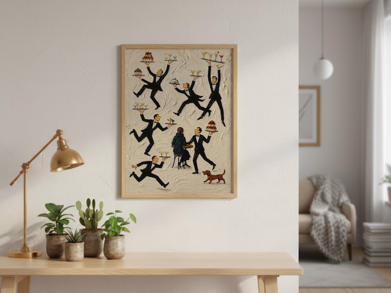 May include: A framed wall art print featuring a textured cream background with multiple illustrations of waiters in black tuxedos carrying trays of food and drinks, a seated figure at a small table, and a small brown dog walking on the floor.