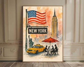 New York City Prints NYC Wall Art New York City Landmarks NYC Travel Prints New York Cityscape Poster Yellow Taxi Art Watercolor Painting