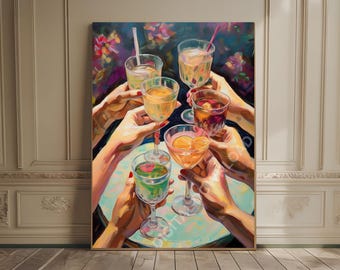 Cheers Print Celebration Wall Art Preppy Happy Hour Print Trendy Bar Cart Art Cocktail Bar Party Poster Elegant Drink Retro Kitchen Wall Art