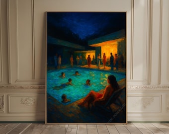 Modern Swimming Pool Wall Art, Retro Swimming Art Print, Abstract Swimming Poster Blue Art, Mid Century House Artwork, Textured Painting