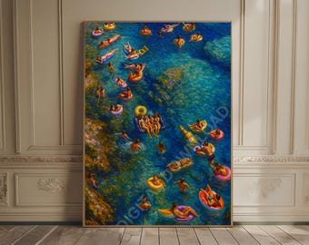 Tiny People Swimming in Ocean Print Summer Poster Beach House Decor Minimalist Coastal Painting Seaside Wall Art Pool Wall Art Water Decor