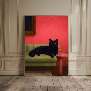 マティーニを持つ黒猫のアートプリント、キュートで風変わりな気まぐれなカクテルアートバーカートの装飾、ファインアートプリントギフト、かわいい子猫のプリント高級絵画
