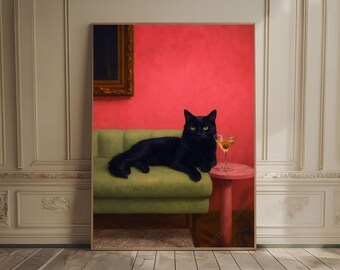 Black Cat with Martini Art Print Bar Cart Decor Cocktail Art Fine Art Print Cat Lover Gift Trendy Cat Wall Art Cocktail Poster Cat Mom Gift
