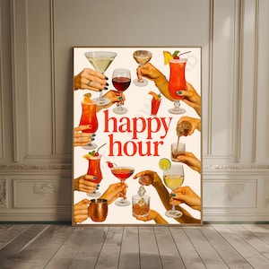 Happy Hour Print Vintage Kitchen Decor Cheers Print Bar Cart Print Bar Print Alcohol Poster Barcart Print Retro Cocktail Wall Art Dorm Decor