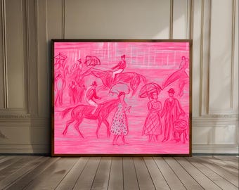 Vibrant Race Day Vintage PRINTABLE Wall Art Hot Pink Modern Equestrian Cottagecore Decor, Fuchsia Dopamine Decor, Country Club Wall Art