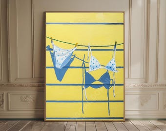 Bikini On Clothesline Print, College Apartment Decor, Coastal Beachy Dorm Room Posters, Trendy Beach House Wall Art, Girly Preppy Aesthetic