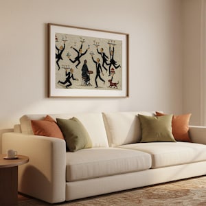 May include: A framed rectangular wall art print featuring a whimsical illustration of multiple waiters in black suits balancing trays of drinks and food, with a small brown dog standing near a central figure seated at a table on a textured beige background.
