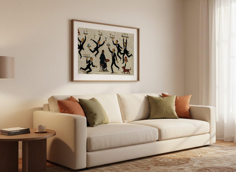 May include: A framed rectangular wall art print featuring a whimsical illustration of multiple waiters in black suits balancing trays of drinks and food, with a small brown dog standing near a central figure seated at a table on a textured beige background.