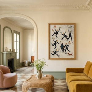 May include: A framed rectangular wall art piece featuring a whimsical illustration of multiple waiters in black suits carrying trays of food and drinks, with a small brown dog, displayed in a room with a pink armchair and a mustard yellow sofa.