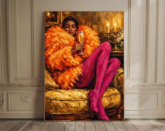 Woman on Couch with Champagne Cocktail Art Bar Cart Decor Aesthetic Oil Painting Gift Trendy Wall Art Maximalist Fine Art Moody Wall Art