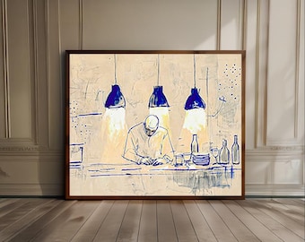 Abstract Server in a Restaurant Vintage Food & Drink Poster Fun Bar Decor Retro Bar Print Trendy Kitchen Decor Horizontal Cafe Illustration