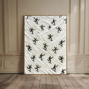 May include: A framed artwork featuring a repeating pattern of figures in black suits skiing down a textured white surface, each holding a tray. The artwork has a wooden frame and is displayed against a neutral wall.