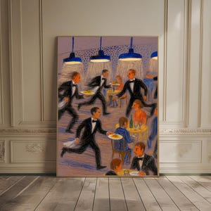 May include: A framed artwork depicts a restaurant scene with waiters in black suits and bow ties carrying plates. Diners are seated at tables under hanging blue lamps. The artwork uses a pastel color palette with a focus on movement.