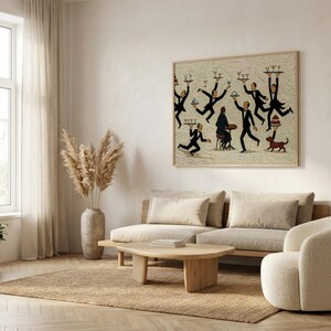 May include: A rectangular wall art print featuring a whimsical illustration of multiple waiters in black tuxedos balancing trays of drinks and food around a seated figure, with a small brown dog, all set against a textured cream background.
