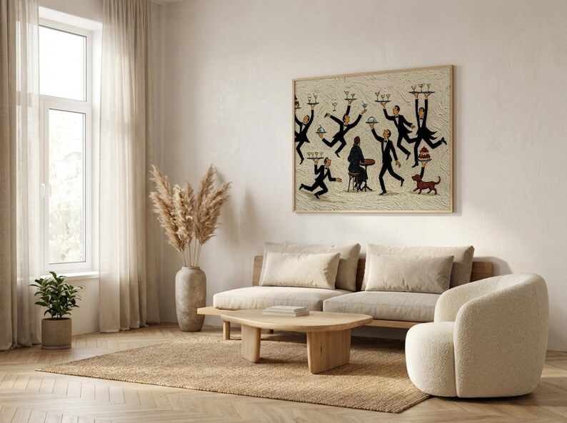 May include: A rectangular wall art print featuring a whimsical illustration of multiple waiters in black tuxedos balancing trays of drinks and food around a seated figure, with a small brown dog, all set against a textured cream background.