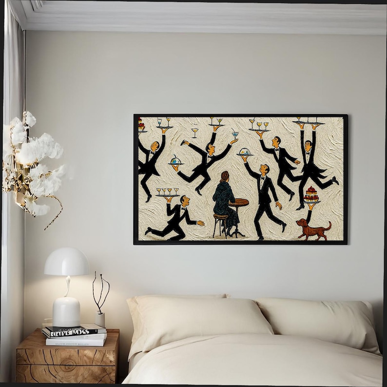 May include: A framed rectangular wall art print featuring a textured cream background with multiple stylized figures in black tuxedos balancing trays of drinks and food, surrounding a seated figure at a small table and a small brown dog.