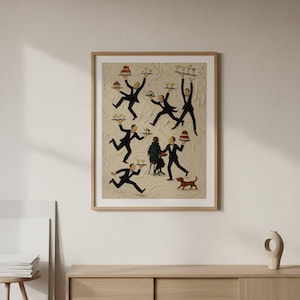 May include: A framed wall art print featuring a beige textured background with multiple figures in black tuxedos carrying trays of food and drinks. A seated figure and a small brown dog are also depicted in the center of the composition.