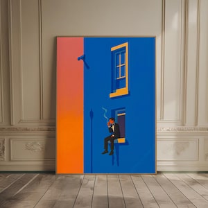 May include: Framed art print depicting a person in a tuxedo smoking a cigarette, seated in a window. The building is blue with orange and pink sections. The artwork has a minimalist, retro style, suitable for home decor.