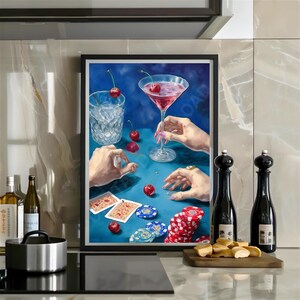 Pôster Blue Poker Night Martini Print Luxuosa Galeria Pintura a Óleo Vintage Festa Arte Dados Coquetel Bar Carrinho Arte de Parede Presente de Inauguração
