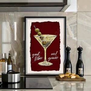 Good Vibes and Grooves Vintage Dirty Martini Print Borgonha Bar Cart Art Fun Drinks Print Cheers Happy Hour Red Bar Retro Cocktail Print