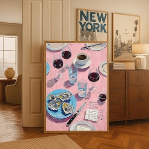 Dipinto di conchiglie di ostriche, stampa artistica da parete in colori pastello, stampa estiva di ostriche per sala da pranzo, stampa di vini massimalisti, stampa da parete per cucina costiera rosa