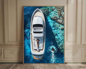 yacht print sailing boat art ocean print coastal wall art beach house decor luxury old money aesthetic museum quality aerial photography