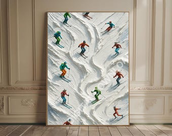 Ski Print Tiny People Apres Ski Print Snow Painting Skiiers Winter Wall Art Textured Art Deco Ski Lover Gift Skiing Print Ski Cabin Decor