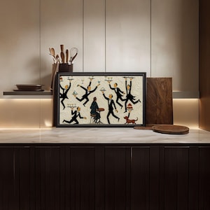 May include: A framed rectangular wall art print featuring a stylized illustration of multiple waiters in black tuxedos carrying trays of drinks and food, surrounding a seated figure at a small table, with a small brown dog standing nearby.