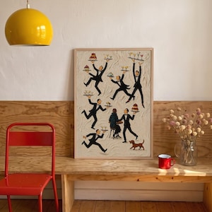May include: A framed rectangular wall art print featuring a textured cream-colored background with multiple illustrated figures of waiters in black suits carrying trays of food and drinks, surrounding a seated person and a small brown dog.