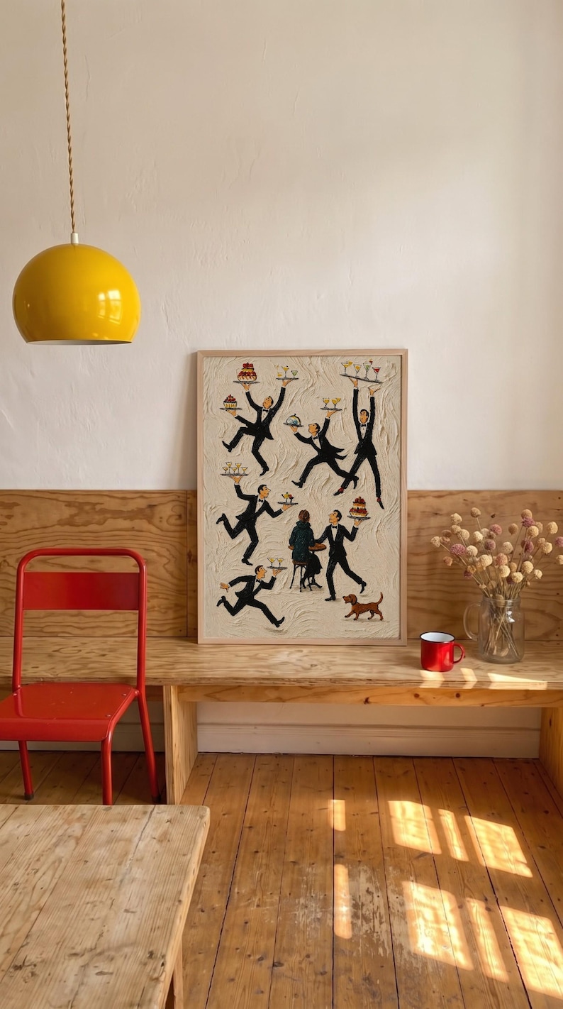 May include: A framed rectangular wall art print featuring a textured cream-colored background with multiple illustrated figures of waiters in black suits carrying trays of food and drinks, surrounding a seated person and a small brown dog.