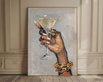 champagne print alcohol print neutrale muur kunst impressionistisch olieverfschilderij proost print mode bar decor chic martiniglas poster glamour art