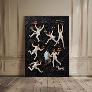 May include: An artistic painting depicts several figures in white suits, each balancing trays with food and drinks. The background is a textured black, with a small dog in the lower right corner. A person in a blue jacket sits on a stool.