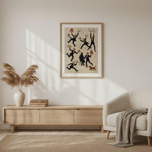 May include: A framed wall art print featuring a beige background with multiple illustrations of waiters in black suits carrying trays of food and drinks, along with a small brown dog, all arranged in a dynamic, scattered composition.