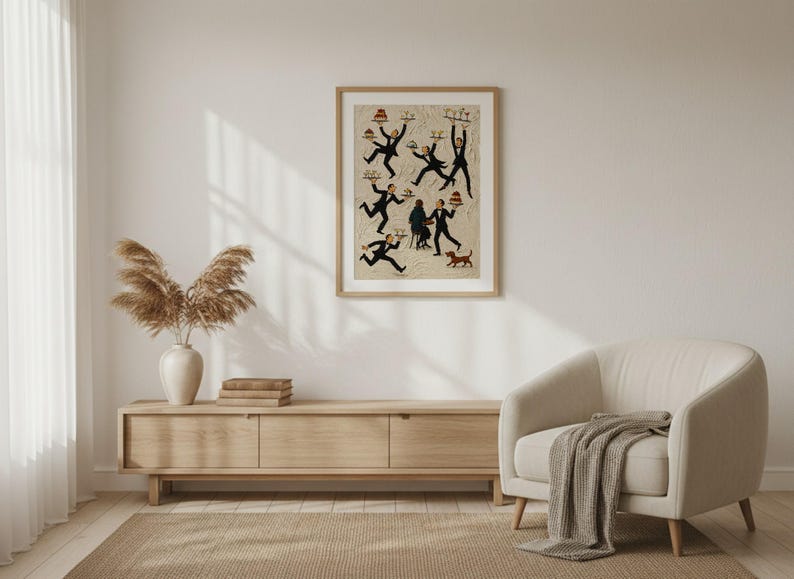 May include: A framed wall art print featuring a beige background with multiple illustrations of waiters in black suits carrying trays of food and drinks, along with a small brown dog, all arranged in a dynamic, scattered composition.