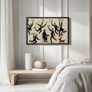 May include: A framed rectangular wall art print featuring a stylized illustration of multiple waiters in black tuxedos balancing trays of drinks and food around a seated figure at a small table, with a small brown dog standing to the right.
