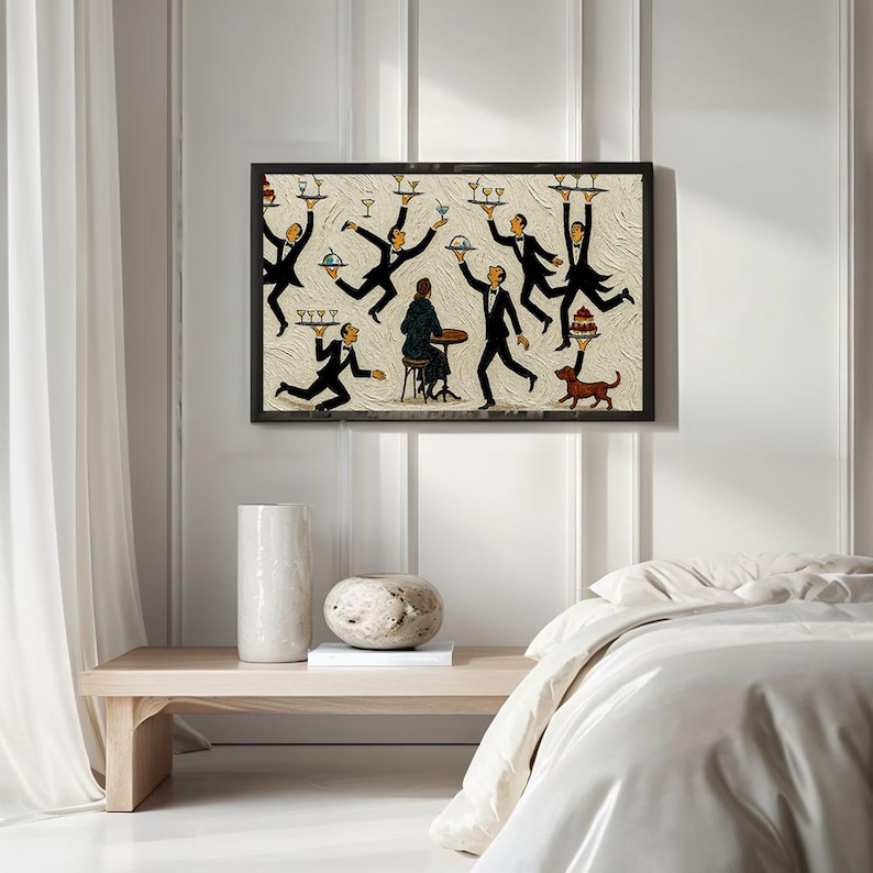May include: A framed rectangular wall art print featuring a stylized illustration of multiple waiters in black tuxedos balancing trays of drinks and food around a seated figure at a small table, with a small brown dog standing to the right.