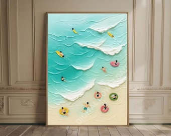 Aerial Beach Prints Ocean Wall Decor Wave Print Coastal Wall Art Boho Beach Tiny People Swimming Textured Oil Painting Beach House Decor