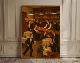 Chic 1950s Cocktail Lounge Tiny People Print Servers in a Restaurant Vintage Food & Drink Poster Fun Bar Decor Retro Bar Print Red Poster