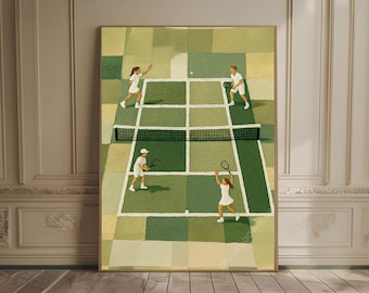 テニス抽象画プリント：テニスコートのテクスチャ絵画、スポーツ装飾、ミニマリストの高級スポーツアートワーク、モダンなグリーンテニス装飾