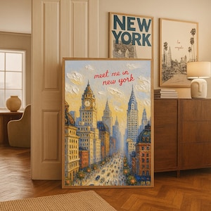 Retro New York City Print Trendy Wall Art NYC Travel Poster Old New York Print Dorm Decor Vintage Meet Me in NY Apartment Oil Painting